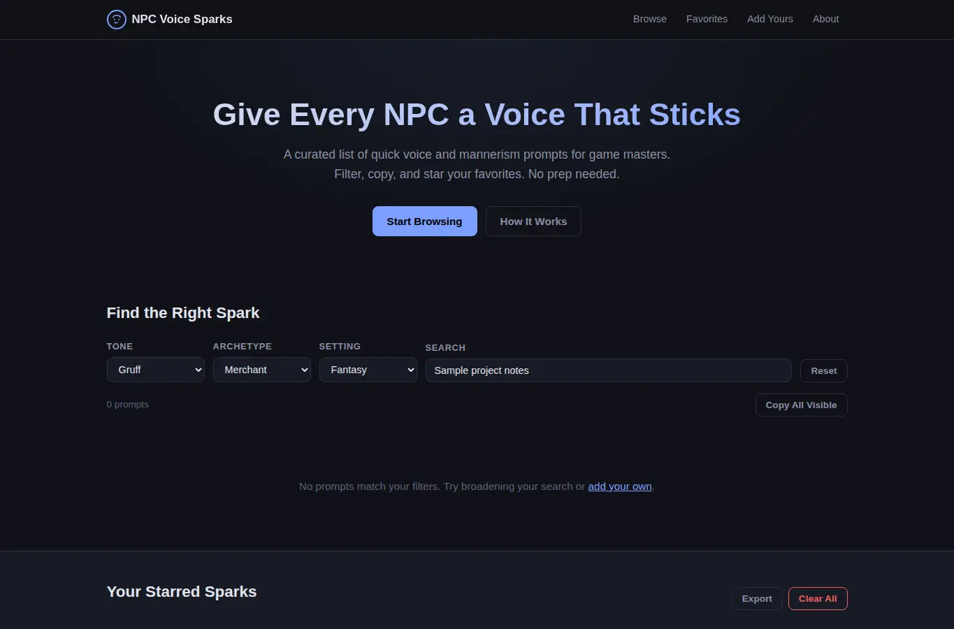Screenshot of NPC Voice Spark List interface showing the project page in use